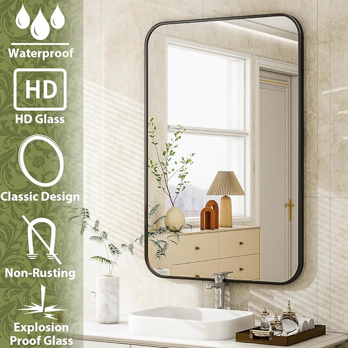 Easly 30 x 40 Inch Bathroom Mirror, Rounded Rectangular Vanity Mirror