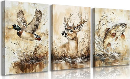 3Pcs Rustic Outdoor Wildlife Canvas Wall Art Watercolor Deer Duck And Fish Wall Decor Pictures Vintage Farmhouse Hunting Posters Prints for Living Room Bathroom Kitche Home Decoration