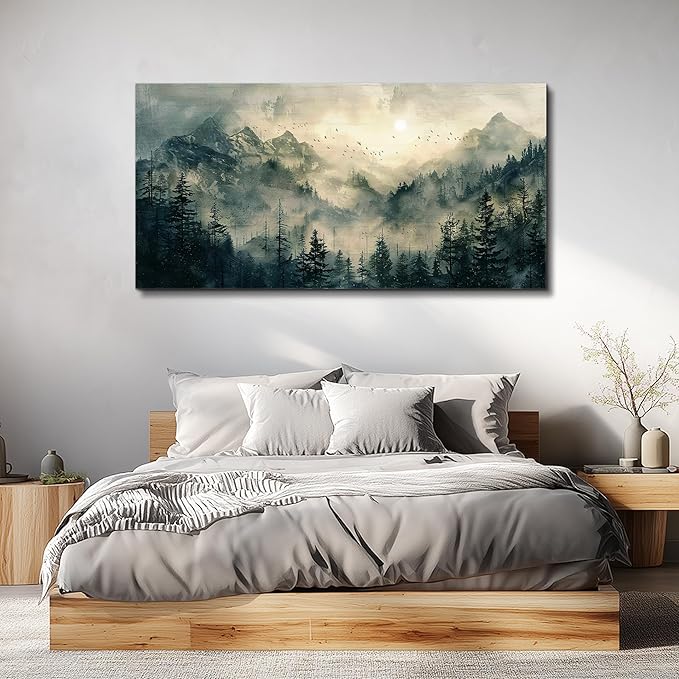 FUHAIHUA Canvas Wall Art For Living Room Framed Wall Decor For Bedroom Modern Office Wall Decoration Forest Fog Landscape Paintings Farmhouse Pictures Artwork Room Aesthetic Home Decor 20x40 In