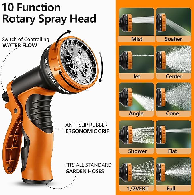 Flexible Garden Hose 100 FT, Ultra Lightweight Water Hoses w/10 Function Sprayer and 3/4" Brass Fittings, Kink-Free, Sturdy, Abrasion Resistant for Yard, Lawn, Outdoor and Gardening(Black Orange)
