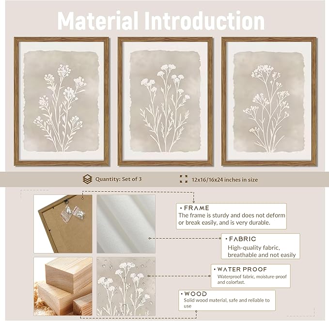 Framed Boho Botanical Flower Wall Art Set of 3, Vintage Minimalist Neutral