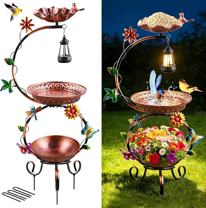 Metal Bird Bath for Outside, 3 in 1 Large Bird Birdbaths for Outdoors with Solar Lamp & Flower Planter Pedestal, Vintage Freestanding Bird Feeder Water Bowl for Garden Yard Lawn Decor, Bronze