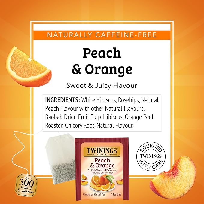 Twinings Peach & Orange Herbal Tea Individually Wrapped Bags, 100 Count (Pack of 1), Juicy & Fruity, Naturally Caffeine-Free, Enjoy Hot or Iced, 100 Teabags