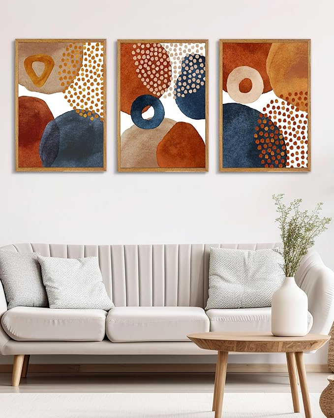 UPWOIGH Large Framed Canvas Wall Art, Set of 3 Watercolor Decor in Navy Blue, Terracotta, Burnt Orange, Beige, 16x24in Minimalist Natural Cotton Posters, Boho Modern Aesthetic for Living Room, Bedroom