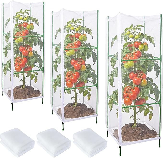 3 Pcs Garden Bird Netting Plant Cover for Square Tomato Cage, 55"Ã19.7" Garden Bird Insect Netting with Zipper & Drawstring Netting for Vertical Climbing Plants,Vegetable and Flower (No Cage)