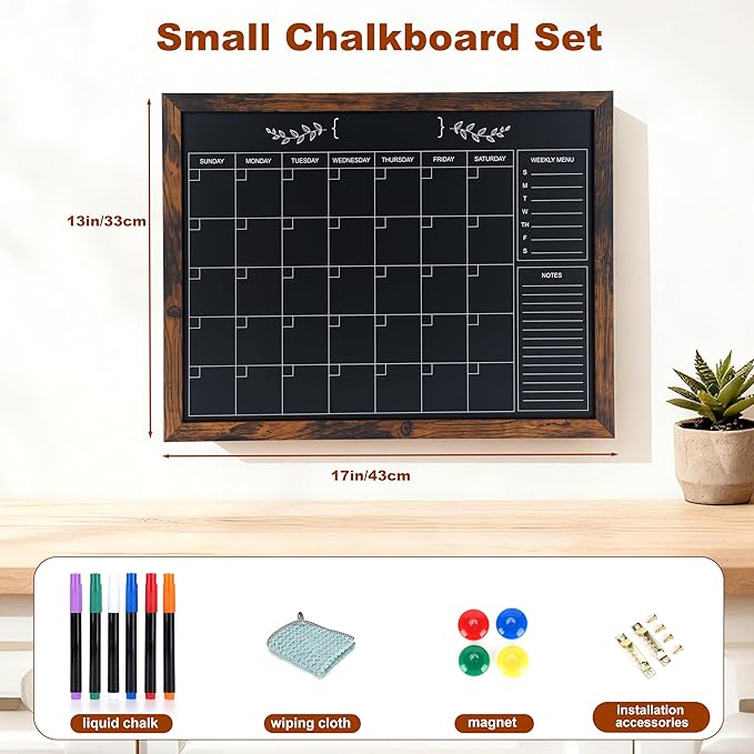 Chalkboard Calendar for Wall, Small Rustic Framed Magnetic Chalkboard for Home