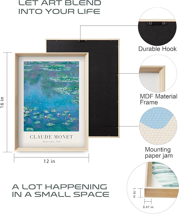 Framed Claude Monet Water Lilies Canvas Wall Art, Vintage Impressionist