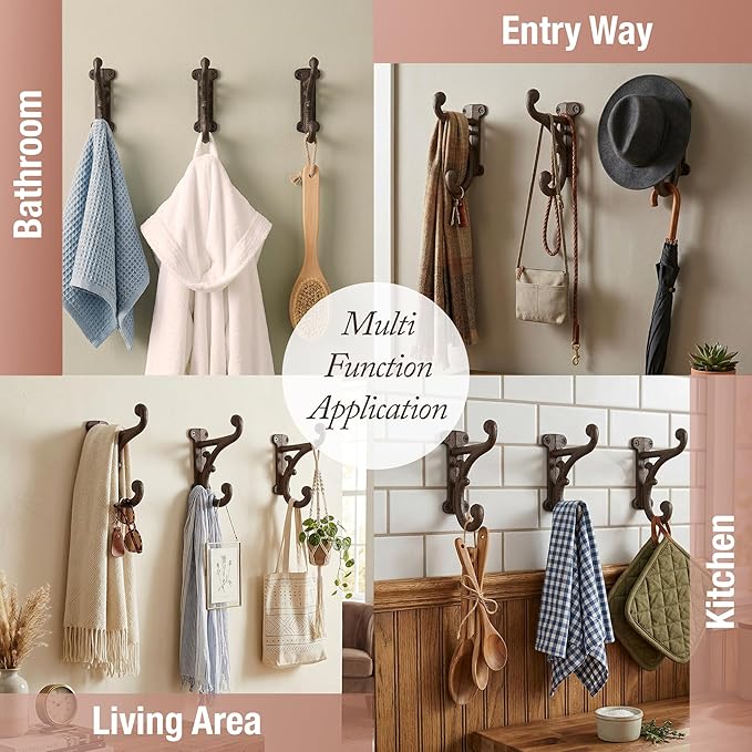 Rustic Cast Iron Coat Hooks Rustic Dark Brown, Wall Mounted, Farmhouse