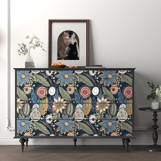 Boho Wallpaper Peel and Stick, Dark Vintage Floral Contact Paper, 17.5" x 197"