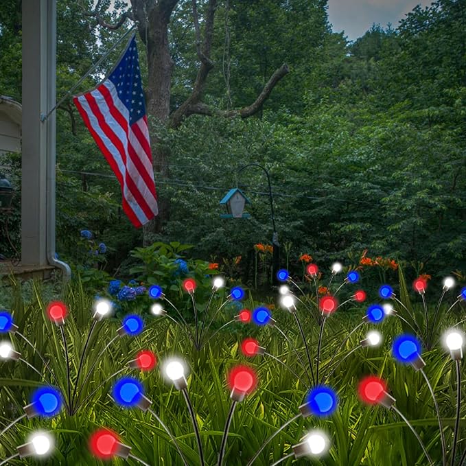 4th of July Decorations, 6 Pack Solar Firefly Lights Outdoor, 36 LED Waterproof Patriotic Decor Garden Lights with 2 Modes for 250th Anniversary National Yard Path Decorations (Red White and Blue)