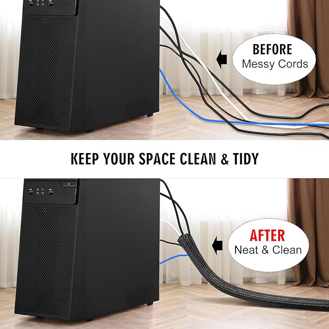 10ft - 3/8 inch Cord Protector Cable Sleeve Split Wire Loom Tubing for Power Cord Audio USB Cable, Cord Sleeve Cable Management for TV Computer, Cord Protectors from Pets Chewing, Black