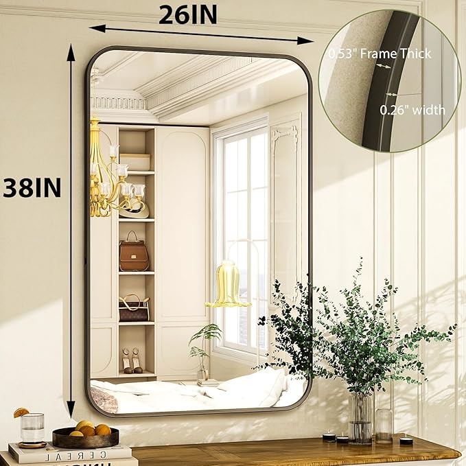 Easly 26 x 38 Inch Bathroom Mirror, Rounded Rectangular Vanity Mirror
