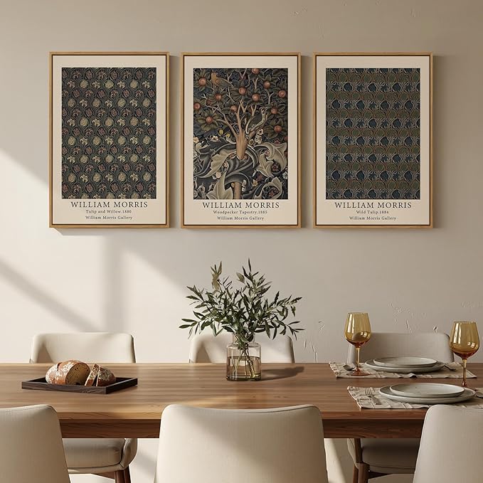 Framed Vintage William Morris Canvas Wall Art Set of 3, Nature Rustic Botanical