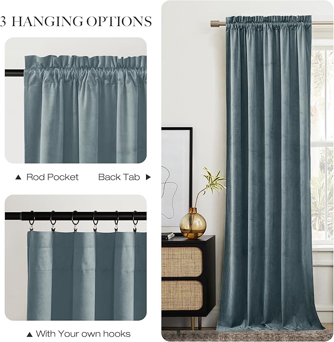 NICETOWN Stone Blue Velvet Curtains & Drapes 108 inches Long