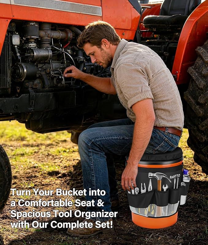 5 Gallon Bucket Seat with Tool Organizer Bag, Bucket Seat Lid & Tool Storage Caddy, Silent 360° Swivel Bucket Chair, Waterproof Comfortable Cushion for Camping, Fishing, Gardening, Yard Work, Hunting