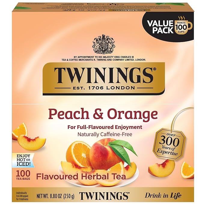 Twinings Peach & Orange Herbal Tea Individually Wrapped Bags, 100 Count (Pack of 1), Juicy & Fruity, Naturally Caffeine-Free, Enjoy Hot or Iced, 100 Teabags