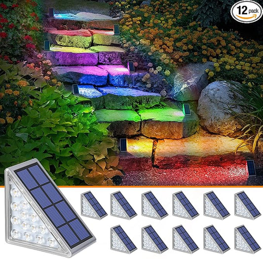 NIORSUN Solar Step Lights,12 Pack RGB Solid Color Changing Solar Stair Lights Outdoor Waterproof IP67 Auto On Off,Solar Lights for Steps,Stair,Patio,Yard,Porch,Front Door,Deck Decor