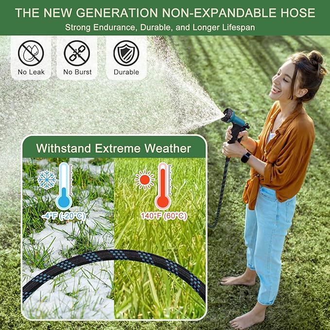 Garden Hose Non-Expandable 100 ft, Lightweight Flexible Water Hose with 10 Function Spray Nozzle, Outdoor Leak Proof, Kink-Free, Portable Hose for Yard, Lawn, Camper, High-Density Fabric, Black Blue