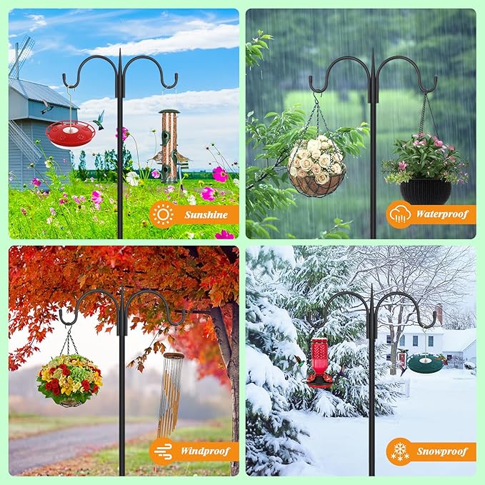 FEED GARDEN Heavy Duty Shepherds Hook 2 Pack 63" Double Hooks Adjustable (47/63") - Metal 5-Prong Base, 12lb Capacity - Easy Assembly Bird Feeder Pole for Hanging Planters, Lanterns, Wind Chimes