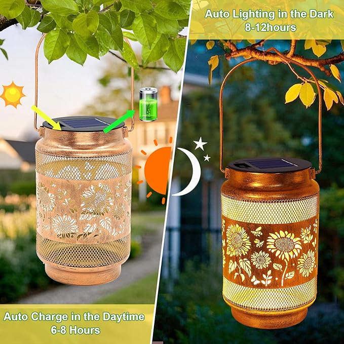 2 Pack Sunflower Solar Lanterns Outdoor Waterproof Solar Garden Decor, Birthday Gifts for Mothers Day Women Mom Grandma, Metal Hanging Lights with Shepherd Hook for Outside Yard Patio Pathway Backyard
