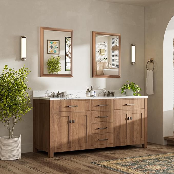 24x32 Inch Bathroom Mirror for Wall, Anti-Rust Walnut Wood Grain Metal Framed