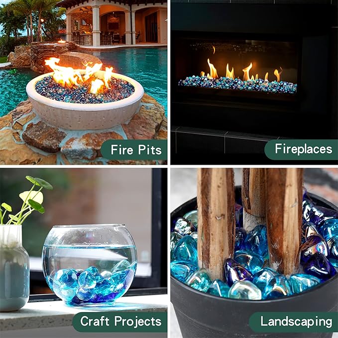 Mr. Fireglass 10 Pounds Blended Fire Glass Diamonds for Fireplace Fire Pit & Lanscaping - 1 inch High Luster Fire Rocks with Mixed Colors (Cobalt Blue++Crystal Ice+Caribbean Blue)