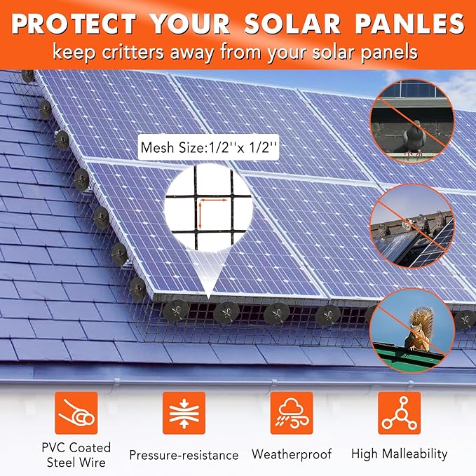 6in x 50ft Solar Panel Bird Guard & Critter Guard Mesh Kit, PVC Coated Wire Mesh Bird Wire with 60 Clips, 100 Cable Ties, Gloves, Pliers, DIY Bird Netting Solar Panel Bird Mesh Barrier