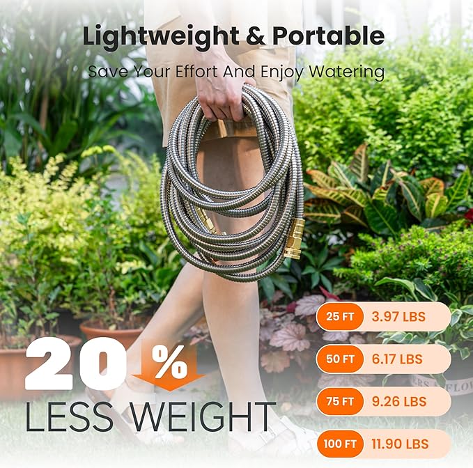 Giraffe Tools Garden Hose 25ft x 5/8", 304 Stainless Steel Metal Water Hose, No Kink Garden Water Hose with 9 Pattern Spray Nozzle, Flexible, Lightweight, Kink Free Hose for Yard, Outdoor