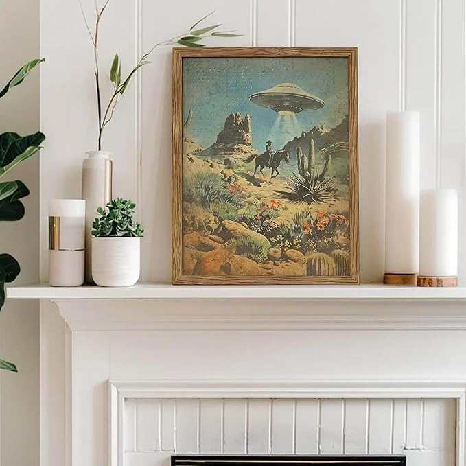 Framed Vintage Intergalactic Western Canvas Wall Art, Alien UFO Abducting Cowboy