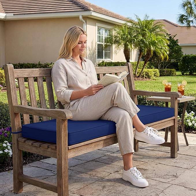 Summsun Outdoor Bench Cushion: Waterproof and Fade Resistant Patio Furniture Cushions - Non-Slip Bench Pad Cushion with Removable Cover for Garden Swing Porch Sofa Settee, 59 x 18 Inch, Navy Blue