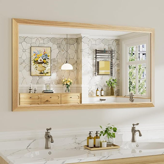 55x30 Inch Bathroom Mirror for Wall, Anti-Rust Oak Wood Grain Metal Framed