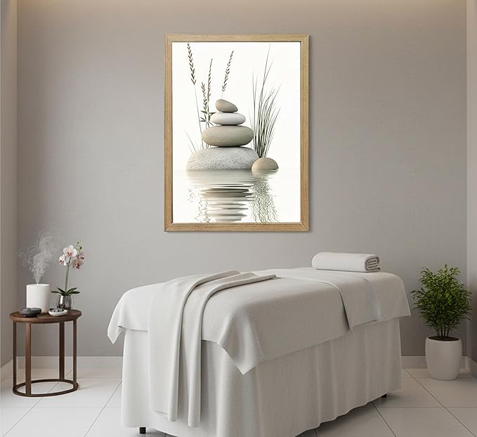 Wooden Frame Zen Stone Canvas Wall Art, Stacked Stones in Water Poster Print.