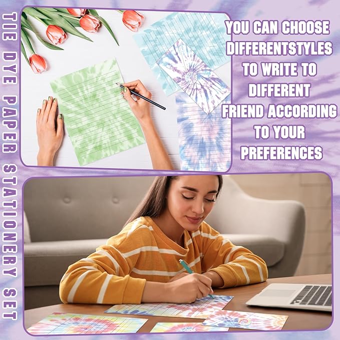 TaoBary 160 Pcs Stationery Paper Set 50 Double Sided Stationery Papers with 50 Matching Envelopes and 60 Round Dot Sticker, 10 Design(Tie Dye,8.5 x 11 Inch)