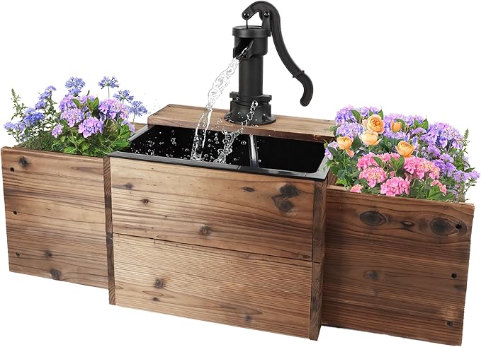 Outdoor Water Fountain,Floor Wooden Rectangular Pump Old-Fashioned Fountain with Flower Box,Electric Decorative Hand Pump, Outdoor Water Feature for Garden Patio Backyard
