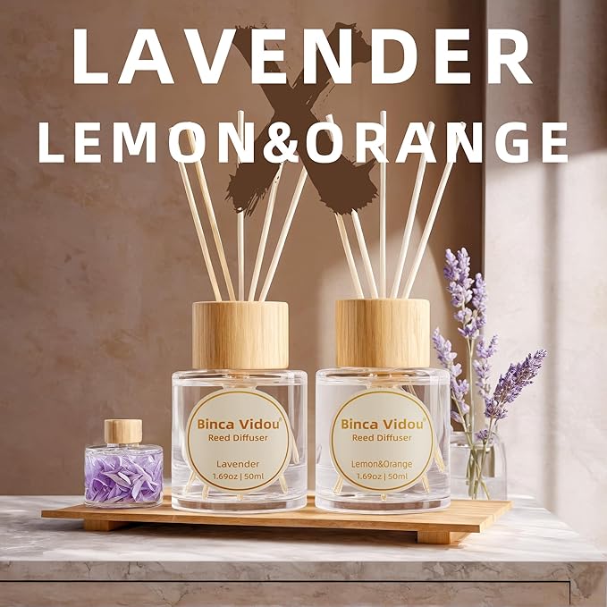 Reed Diffuser Set, Binca Vidou Lavender Orange & Lemon Natural Scent Oil Diffusers with Sticks for Home Office Bathroom Aromatherapy Decor 1.69oz x 2