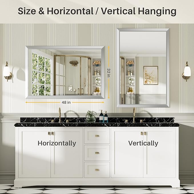 48x32 Inch Brushed Silver Bathroom Mirror