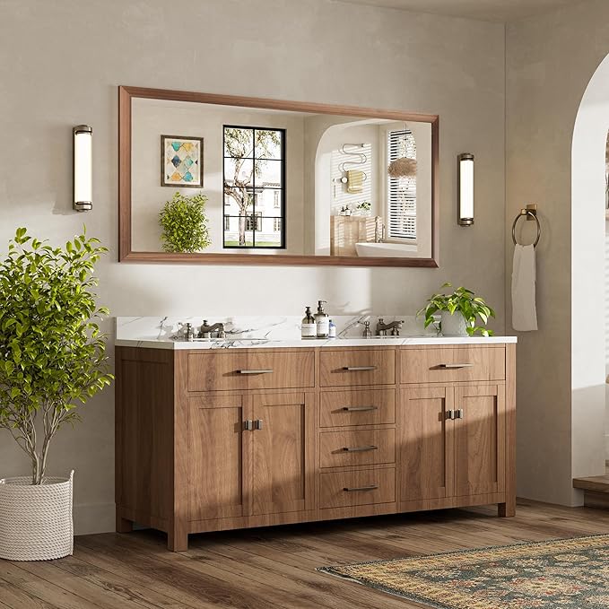 72x32 Inch Bathroom Mirror for Wall, Anti-Rust Walnut Wood Grain Metal Framed