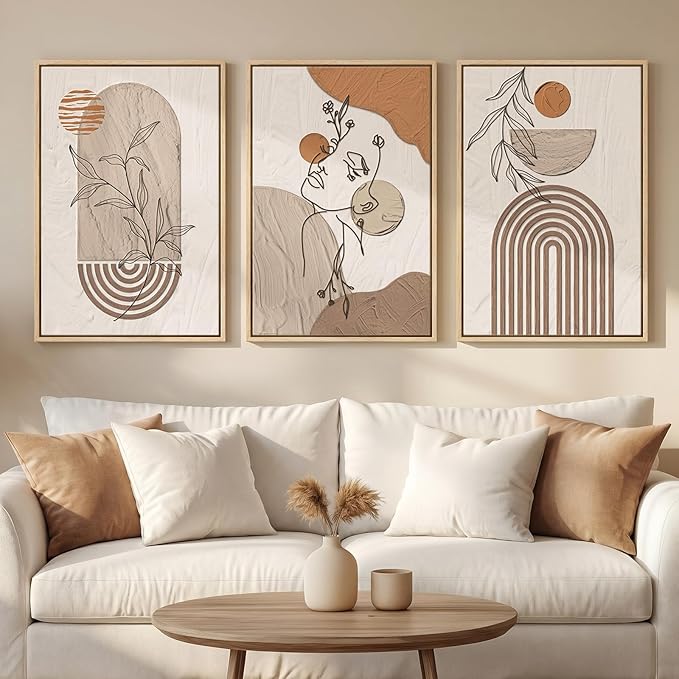 Framed Earth Tone Boho Abstract Wall Art Bedroom, 3 Piece Neutral Modern