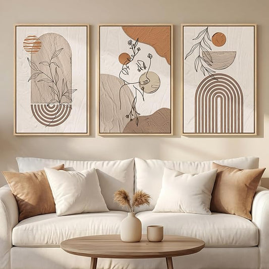 Framed Earth Tone Boho Abstract Wall Art Bedroom, 3 Piece Neutral Modern