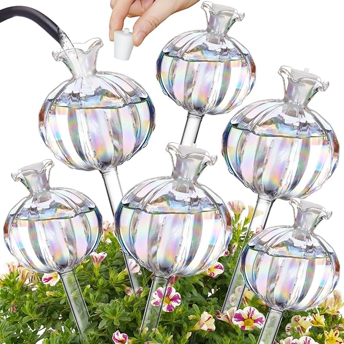 NiHome Cactus-Shaped Glass Plant Self-Watering Globes 6-Pack, Glass Waterer Stakes for Potted Plants, Automatic Mini Irrigation System, Adorable Gardening Tool (Iridescent, 3 Large + 3 Medium)