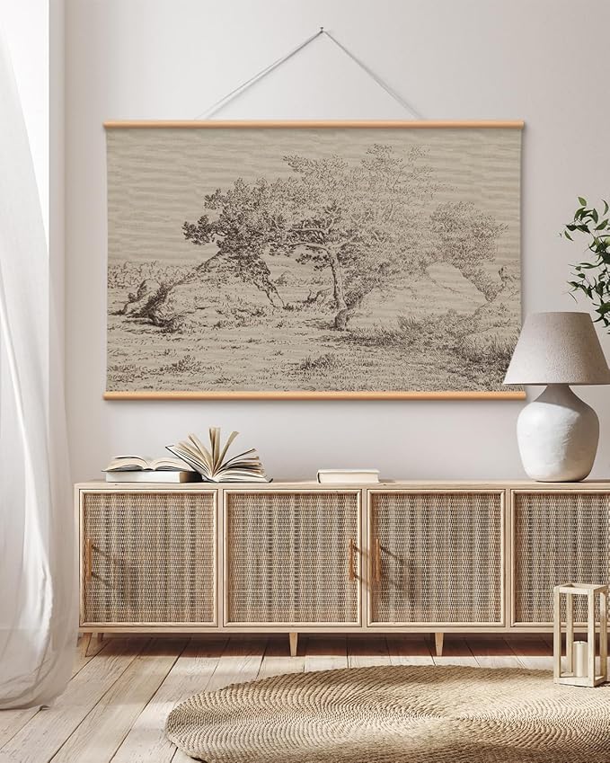 VIYYIEA Extra Large Canvas Wall Art, 36x54 Inch Vintage Landscape Sketch, Neutral Antique Nature Wall Decor for Living Room or Bedroom, Above Sofa