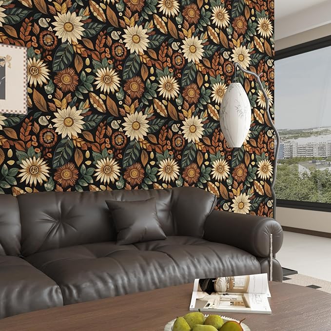 Boho Wallpaper Peel and Stick, Vintage Black Brown/Green Floral Contact Paper
