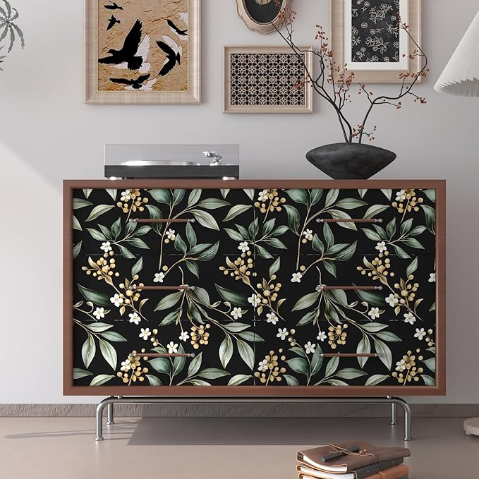 Extra Long Dark Peel and Stick Wallpaper 17.5" x 393" – Vintage Floral Green