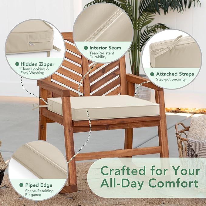 Outdoor Chair Cushions Set of 6: Waterproof & Fade Resistant Seat Cushion for Patio Furniture - 19 x 19 x 2 Inch Chair Pads with Ties and Hidden Zipper - Patio Chair Cushion Replacement, Beige