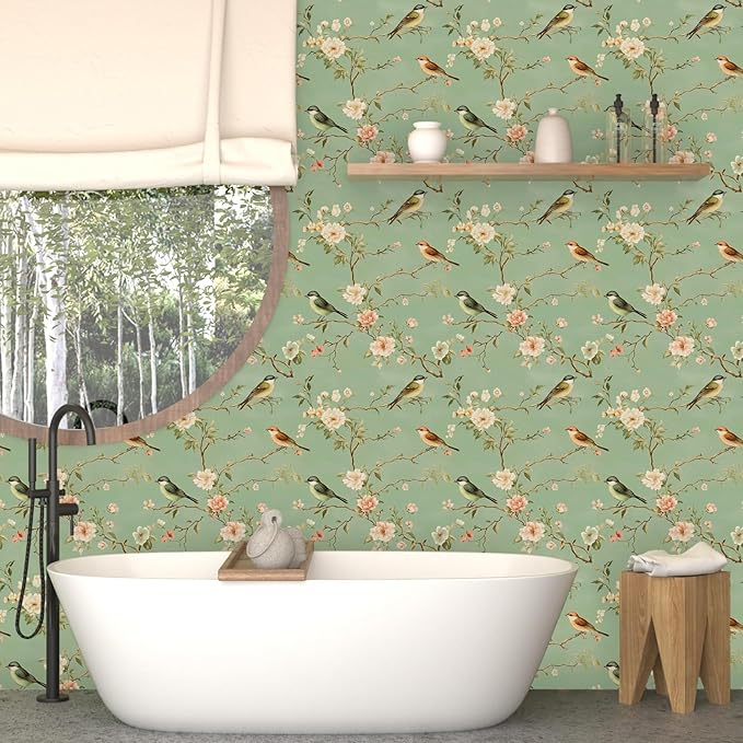 Laatse Green Floral Wallpaper Peel and Stick Bird Wallpaper Pink Flower Contact