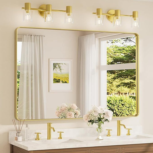 TETOTE 55 x 36 Inch Bathroom Mirror, Brushed Brass Gold Vanity Mirror, Modern