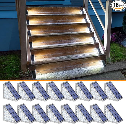 NIORSUN Solar Step Lights,16 Pack Cool White Solar Stair Lights Outdoor Waterproof IP67 Auto On Off,Solar Lights for Steps,Stair,Patio,Yard,Porch,Front Door,Sidewalk,Deck Decor