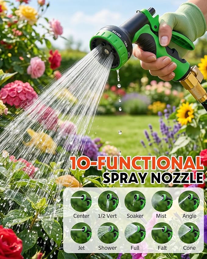 100ft Flexible Garden Hose, Lightweight Water Hose, NON-EXPANDABLE Garden Hose with 10 Function Sprayer Nozzle, Kink-Free Triple-Layer Composite Watering Hose for Yard, Lawn, Outdoor and Car Washing