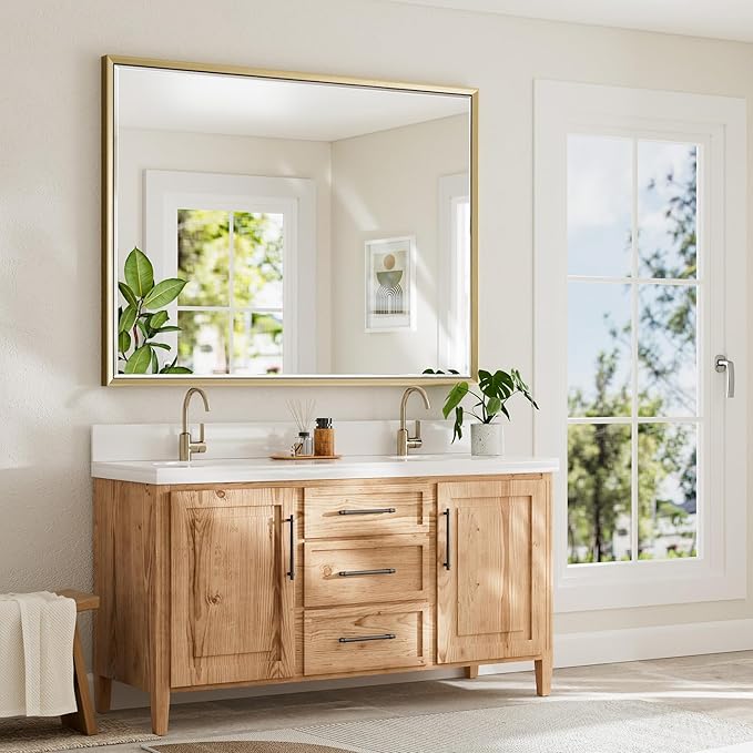 48 x 36 Gold Bathroom Mirror, Brushed Gold Beveled Bathroom Mirror,