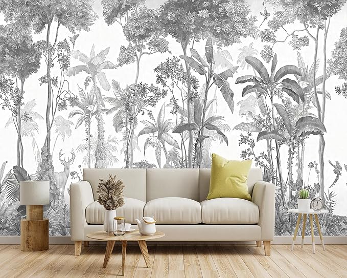 -Grey Jungle Botanical Animal Banana Leaf Fabric Wallpaper Living Room Tropical